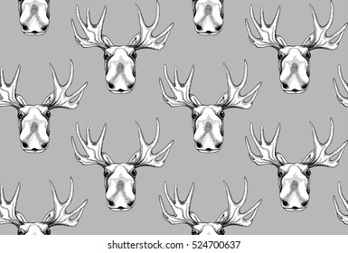 Seamless pattern with image of a Moose portrait on a gray background. Vector illustration.