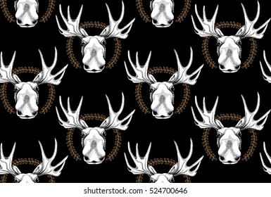 Seamless pattern with image of a Moose portrait in a frame on a black background. Vector illustration.