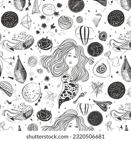 A seamless pattern with the image of a mother pregnancy time and the words love with symbol