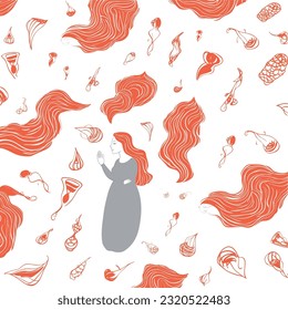 A seamless pattern with the image of a mother pregnancy time and the words love with symbol