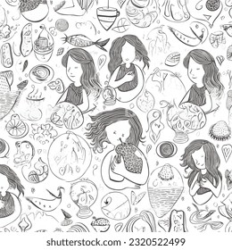 A seamless pattern with the image of a mother pregnancy time and the words love with symbol
