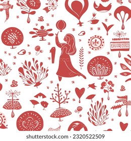 A seamless pattern with the image of a mother pregnancy time and the words love with symbol