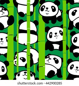 Seamless pattern with image of a too much pandas in a Bamboo forest. Vector illustration.