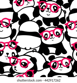 Seamless pattern with image of a too much pandas in a glasses. Vector illustration.