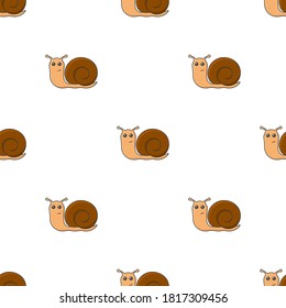 Seamless pattern with the image of a multicolored cartoon snail. The movement of snails in one direction. Isolated vector images on a pure white background.