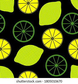
Seamless pattern with the image of multi-colored contours of lemons on a black background. Prints for fabrics and backgrounds.