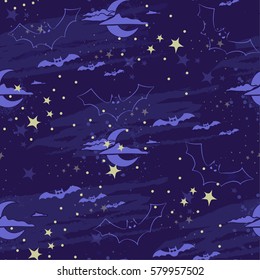 Seamless pattern with the image of the night sky in the category Halloween with bats, clouds, moon, stars. Children's background for textile, apparel, prints, cards, web.