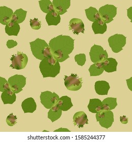 Seamless pattern with the image of nuts, hazelnuts of natural colors. Printing on packaging, fabric. Beige background Vector illustration.