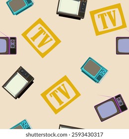 seamless pattern with an image of old vintage televisions and text on a yellow background. For creating prints on fabrics, covers and walls in telecommunication and retro styles