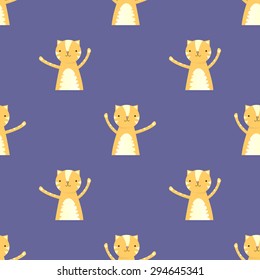 Seamless pattern with the image of an orange cat with raised arms on a dark blue background