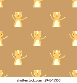 Seamless pattern with the image of an orange cat with raised arms on a dark orange brown background