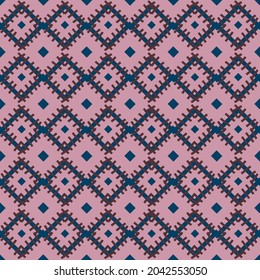 seamless pattern with the image of an ornament in the form of symmetrical patches sewn together in a dark pink shade for prints on fabrics for clothes and bed linen, as well as for interior decoration