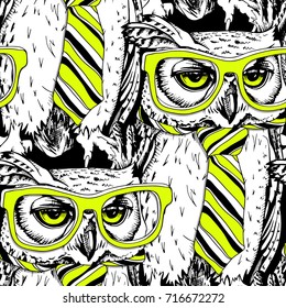 Seamless pattern with image of the Owl in a neon green tie and in a glasses. Vector illustration.