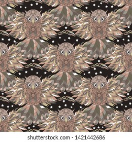Seamless pattern with the image of an owl. Template for clothing design or accessories. Endless texture