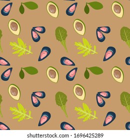Seamless pattern with the image of oysters, avocado