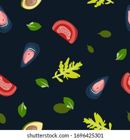Seamless pattern with the image of oysters, avocado, tomatoes
