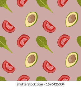Patrón sin inconvenientes con la imagen de ostras, aguacate, tomates