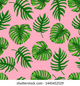 Seamless pattern with the image of palm leaves. Bright individual green and emerald monster leaves on a pink background.