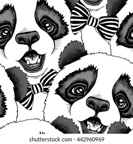 Seamless pattern with image of a Panda child in a tie. Vector illustration.
