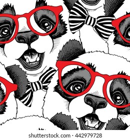 Seamless pattern with image of a Panda child in a red glasses with a tie. Vector illustration.