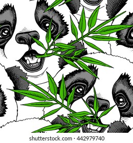 Seamless pattern with image of a Panda child and a branch of bamboo. Vector illustration.