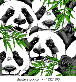 Seamless pattern with image of a Panda eating branch of bamboo. Vector illustration.