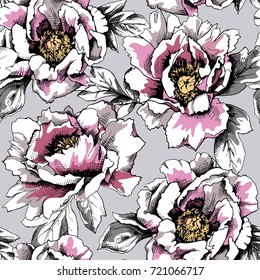 Seamless pattern with image of a  "Pastel Splendor" Peony flowers and leaves on a light gray background. Vector illustration.