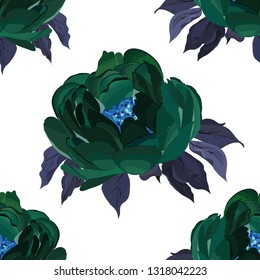 Seamless pattern with the image of the peachy green colors of peonies. Imitation of watercolor. Summer motives. Vector illustration.