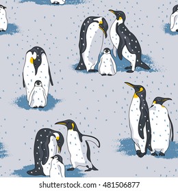 Seamless pattern with image of a penguins on a gray background. Vector illustration.