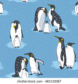 Seamless pattern with image of a penguins on a blue background. Vector illustration.