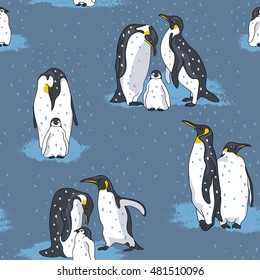 Seamless pattern with image of a penguins on a blue background. Vector illustration.
