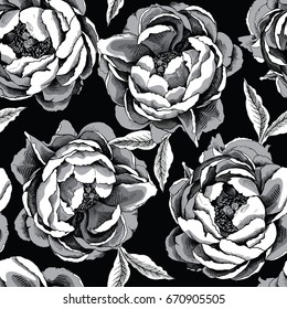 Seamless pattern with image of a Peony Cytherea. Vector black and white illustration.