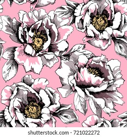 Seamless pattern with image of a Peony  "Pastel Splendor" flowers and leaves on a light pink background. Vector illustration.