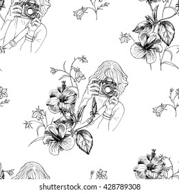 Seamless pattern with image of a Photographer with a flowers. Vector illustration.