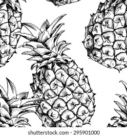 Seamless pattern with the image of pineapple fruit. Vector black and white illustration.