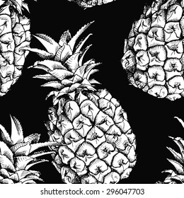 Seamless pattern with image of pineapple fruit. Vector black and white illustration.