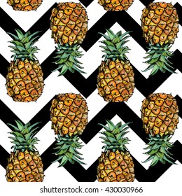 Seamless pattern with image of a Pineapple fruit in color and with geometric ornament. Vector illustration.