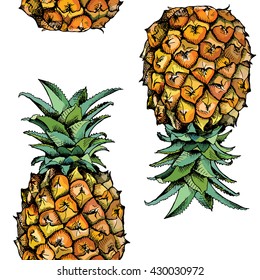 Seamless pattern with image of a Pineapple fruit in color. Vector illustration.