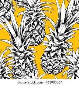 Seamless pattern with image of a pineapple fruit on a yellow background. Vector illustration.