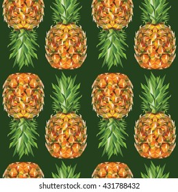 Seamless pattern with image of a Pineapple in low poly art style on dark background. Vector illustration.