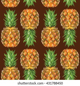 Seamless pattern with image of a Pineapple in low poly art style on brown background. Vector illustration.