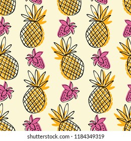 Seamless pattern with the image of Pineapple and strawberry. Vector illustration. Design can be used for textiles, wallpaper, clothing, wrapping paper.