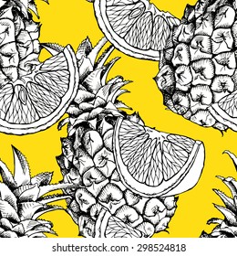 Seamless pattern with image of pineapples and oranges on a yellow background. Vector illustration.