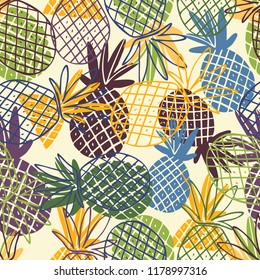 Seamless pattern with the image of pineapples. Vector illustration. Design can be used for textiles, wallpaper, clothing, wrapping paper.