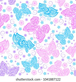 Seamless pattern image of pink and blue openwork butterflies and flowers on white background. Background for textiles; greeting cards; invitation cards; Vector illustration.