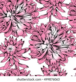Seamless pattern with image of a pink Dahlia flower. Vector illustration.