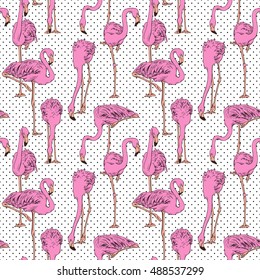 Seamless pattern with image of a pink Flamingo on a polka dot  background. Vector illustration.