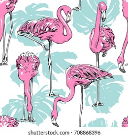 Seamless pattern with image of a pink Flamingo and with a Monstera leaves. Vector illustration.