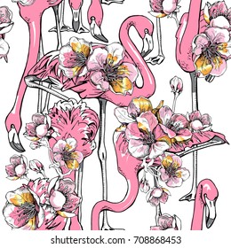 Seamless pattern with image of a pink Flamingo and with a Cherry flowers. Vector illustration.