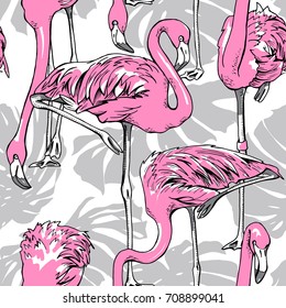 Seamless pattern with image of a pink Flamingo and with a Monstera leaves. Vector illustration.